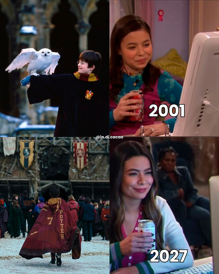Split image showing Harry Potter scenes and a woman at a computer in 2001 and 2027, capturing HBO Harry Potter series fans feelings.