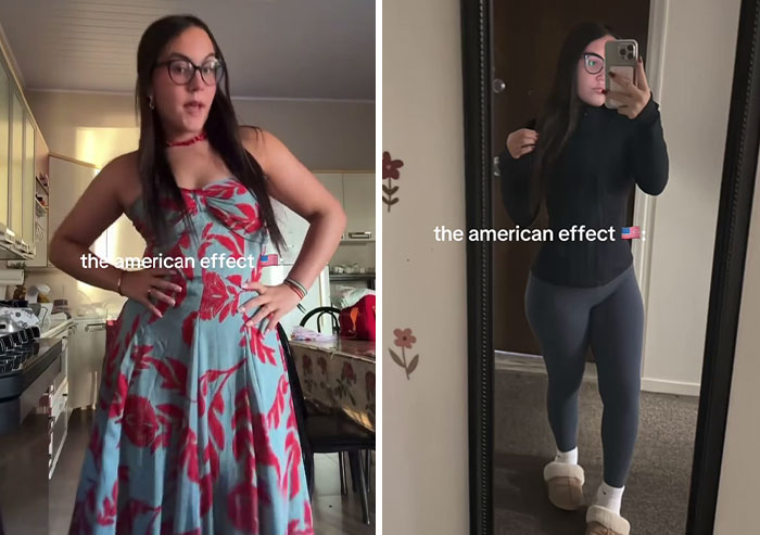 Woman showing before and after photos illustrating the America effect on her style and appearance in two indoor settings.
