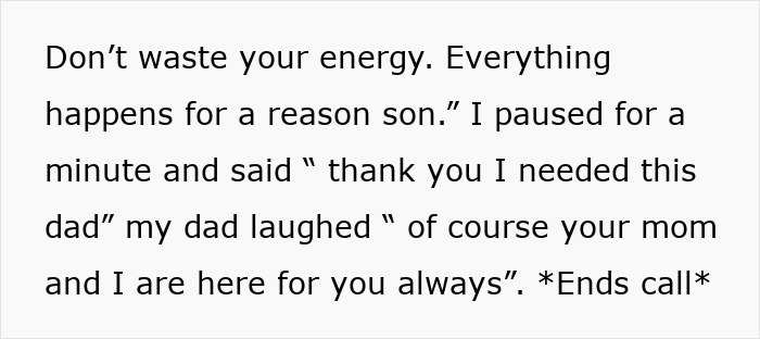 Text message conversation with a dad offering comforting advice about energy and reasons behind events.