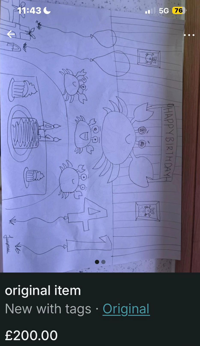 Hand-drawn birthday card with cartoon crabs and cake, featured in hilarious Vinted listings without any rules.