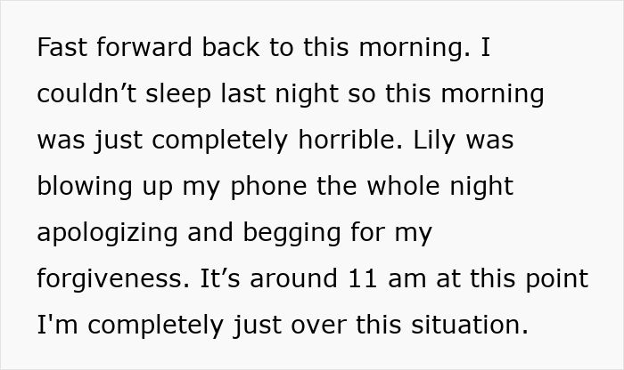 Alt text: Text message describing a boyfriend letting girlfriend use his apartment to meet an old friend who turns out to be her ex