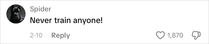 Comment reading Never train anyone, highlighting employee refusal to train new staff without pay in HR context. Comment reading Never train anyone, highlighting employee refusal to train new staff without pay in HR context.
