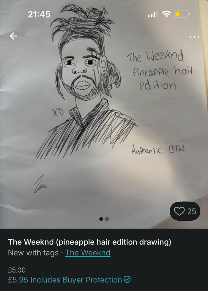 Hand-drawn humorous listing titled The Weeknd pineapple hair edition on Vinted, showing quirky and creative item description.