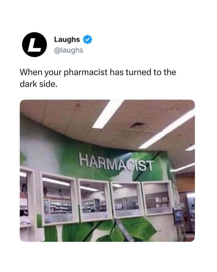 Funny meme showing a pharmacist window with the sign misspelled as harmacist, humor for responsible adults needing a break.