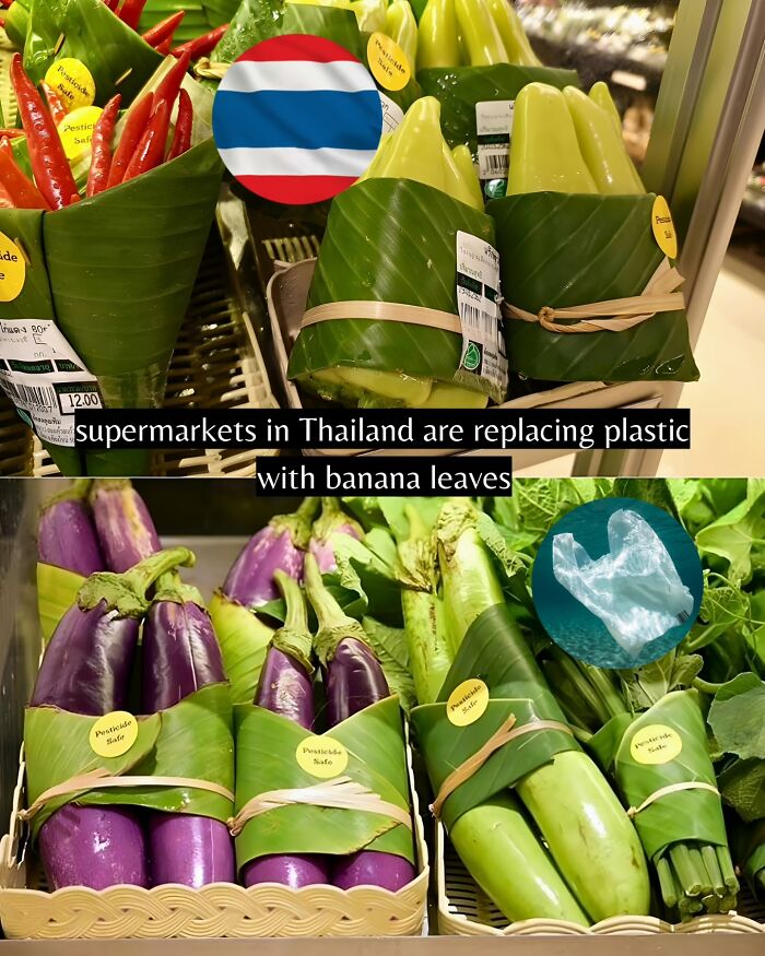 Supermarkets in Thailand use banana leaves instead of plastic for eco-friendly vegetable packaging to spread good news globally.