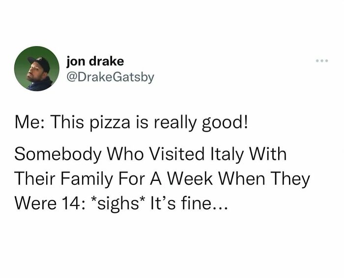 Tweet meme showing a relatable and funny conversation about pizza, capturing ridiculous and random humor in memes.