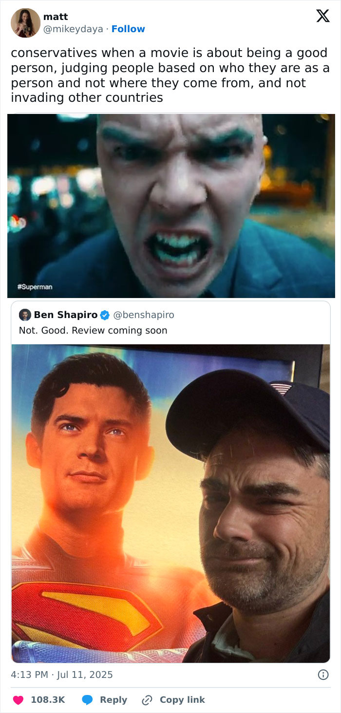 Two movie industry memes showing intense and sarcastic reactions related to superhero films and cinephile humor.