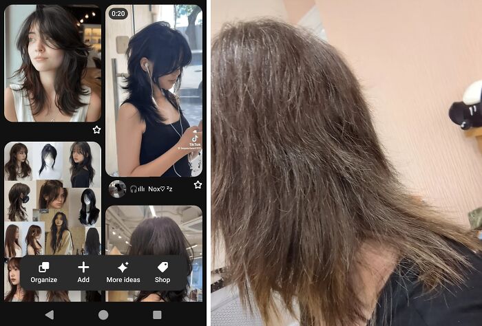 Side-by-side images showing hairdresser styles versus a damaged and uneven haircut, highlighting hairdresser trauma experiences.