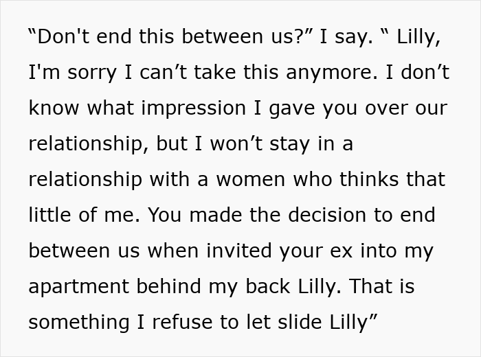 Text message exchange showing boyfriend confronting girlfriend about inviting her ex into his apartment behind his back.