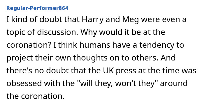 Text comment discussing doubts about Harry and Meghan being a topic of discussion at the coronation in UK press.