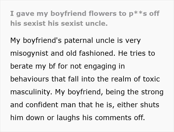 Person giving boyfriend flowers to challenge sexist uncle, highlighting stance against toxic masculinity and outdated beliefs.