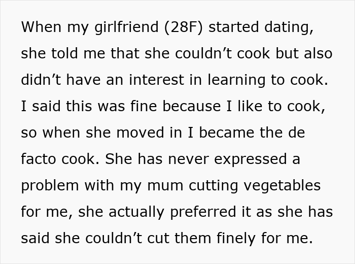 Text describing a girlfriend who can't cook and prefers mum to cut vegetables due to difficulty using a knife.