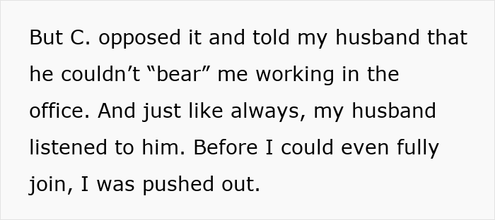 Text excerpt showing a woman explaining how her husband listened to his friend who opposed her working in the office.