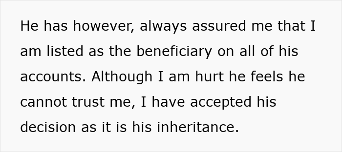 Text about a husband lying about inheritance, leaving wife who takes care of him with nothing.