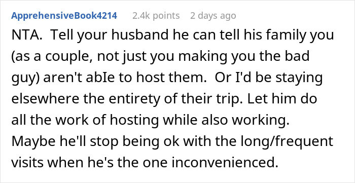Comment advising a wife to tell her husband she can't host his family, highlighting feelings of hurt and disrespect.