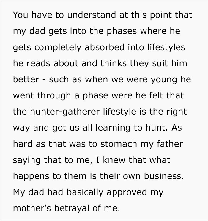 Text excerpt describing a woman cutting off parents after catching mom with fiancé, facing family betrayal and hardship.