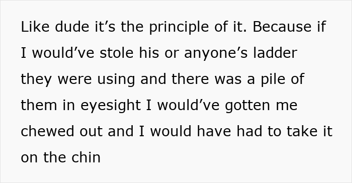 Text excerpt showing a lazy guy thinking he can steal coworker&rsquo;s ladder before she takes revenge by nailing his tools to the floor.