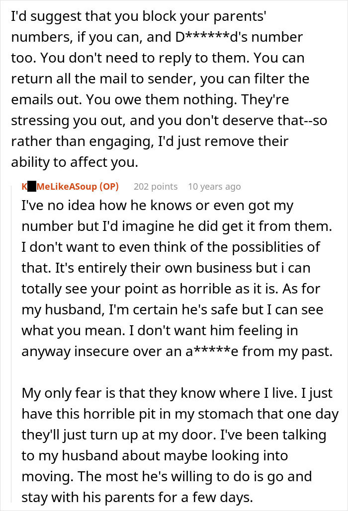 Reddit post discussing a woman cutting off parents after catching mom with fiancé and dealing with their harassment.
