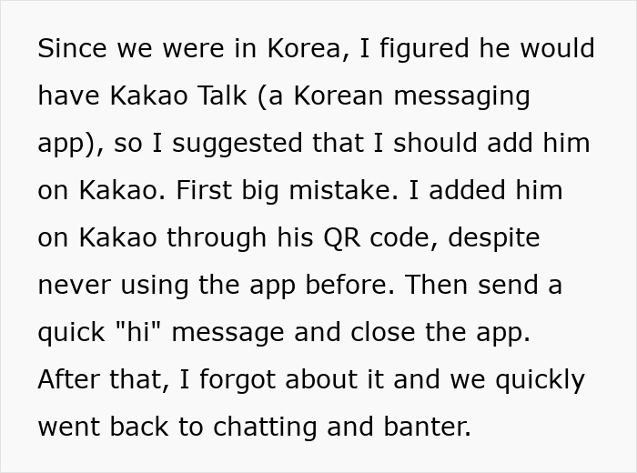 Text excerpt about using Kakao Talk app during a perfect first date abroad before deleting the dating app.