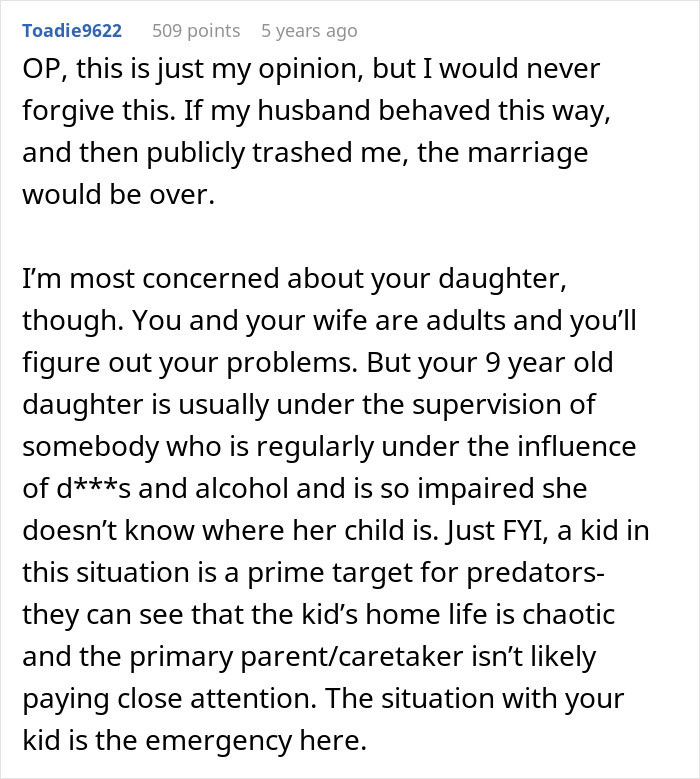 Comment highlighting concern about a kid&rsquo;s safety amid parental issues and complaints about a wife online.