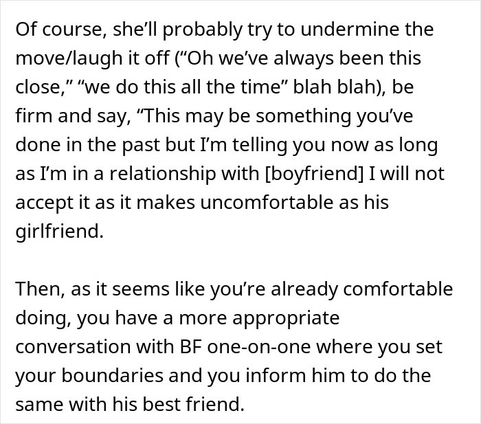 Text excerpt about a woman setting boundaries in her relationship with boyfriend and his female friend.