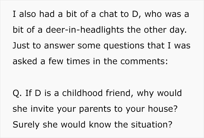 Screenshot of a text discussing parents being mad about their daughter buying a house without telling them while being sneaky themselves.
