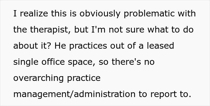 Text message discussing concerns about a therapist sharing personal information without oversight or management involvement.