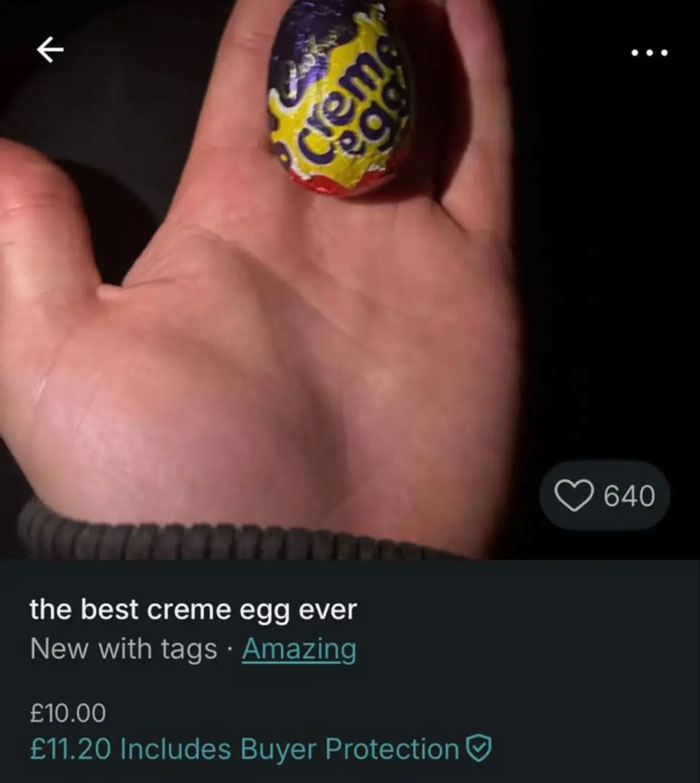 Hand holding a small creme egg listed on Vinted with over 600 likes, showcasing hilarious Vinted listings.