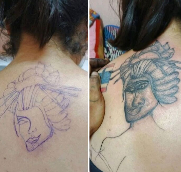 Side-by-side images showing a poorly executed ink tattoo fail turning a bad idea into permanent regret.