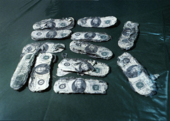Partially deteriorated US dollar bills recovered as evidence linked to the infamous 1971 plane hijacker DB Cooper case. Partially deteriorated US dollar bills recovered as evidence linked to the infamous 1971 plane hijacker DB Cooper case.