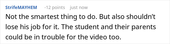 Screenshot of a comment about a California teacher suspended after bizarre classroom act secretly filmed by student.