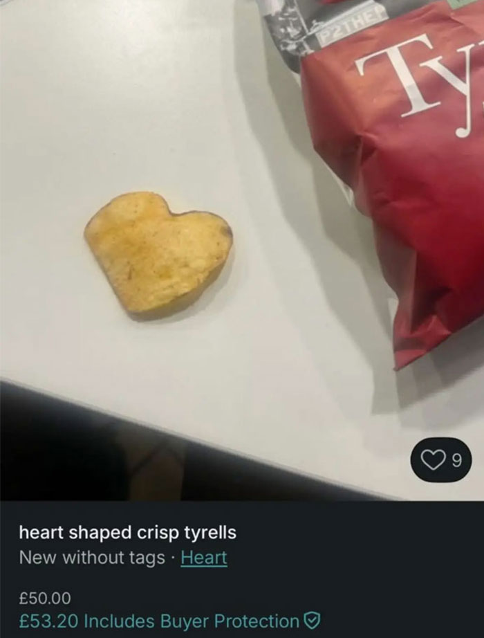 Heart shaped crisp listing on Vinted showing unusual item for sale with no rules on the platform.