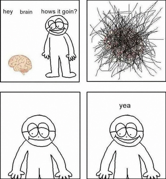 Cartoon character humorously talking to brain with tangled scribbles, illustrating existential crisis memes concept.
