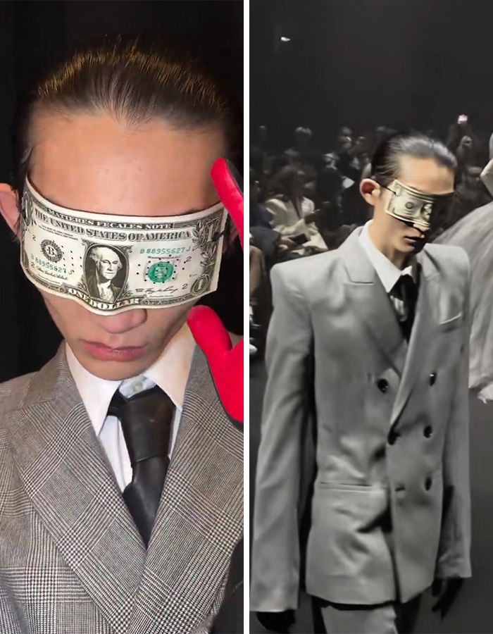 Model wearing Paris Fashion Week outfits with dollar bill blindfolds, sparking Hunger Games inspired fashion frenzy.
