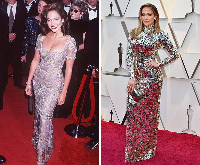 Jennifer Lopez at the Oscars, showing a dramatic transformation between her first and latest appearance on the red carpet.