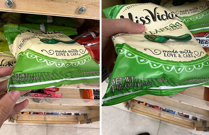 Side-by-side comparison of shrinkflation showing reduced chip bag weight from 1.875 oz to 1.38 oz in America.