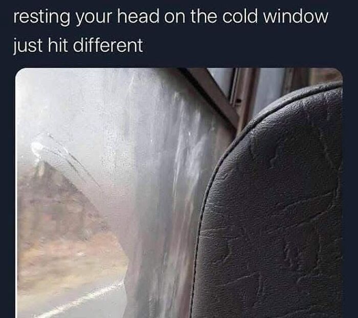 View from a cold fogged bus window with a leather seat, capturing nostalgic '90s moments from lives that don’t exist anymore.