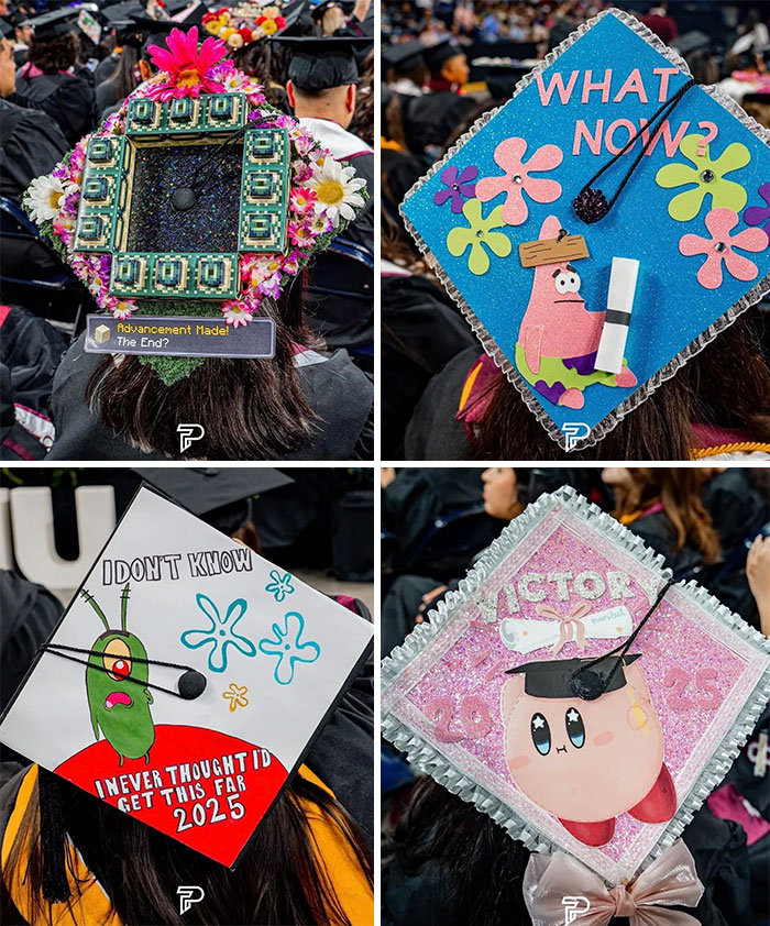 Graduates wearing creative and colorful decorated caps featuring pop culture, showcasing interesting vault stories and oddities.