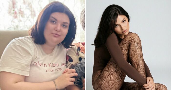 Before and after photos of a woman showcasing an unbelievable transformation in her appearance and confidence over three years.