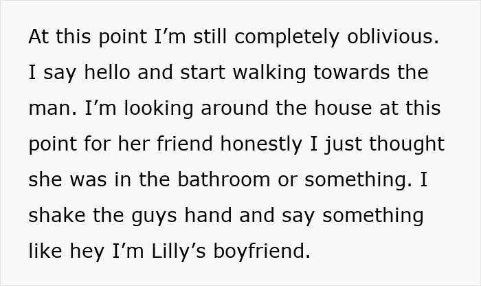 Text excerpt from a boyfriend&rsquo;s perspective describing meeting his girlfriend&rsquo;s old friend in his apartment before learning he is her ex.