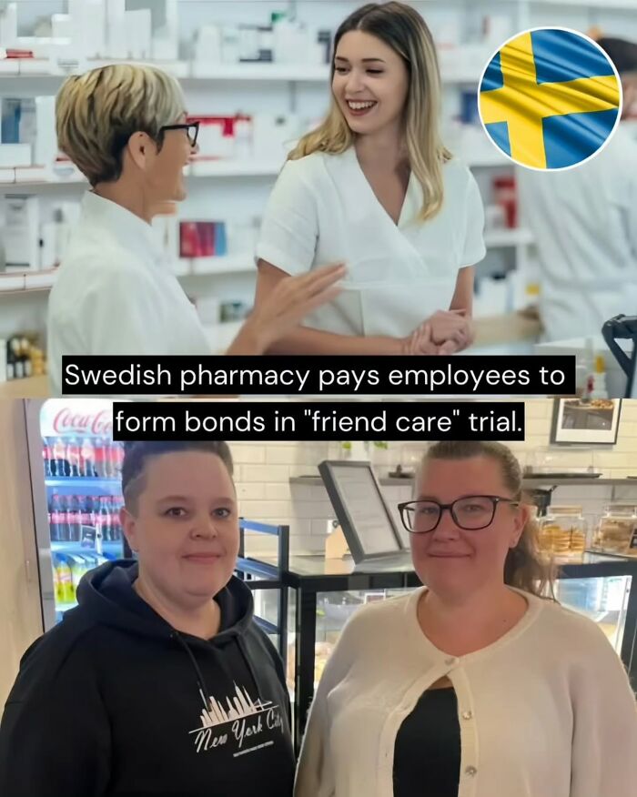 Two women smiling in a pharmacy and cafe setting, illustrating good news from around the world about friend care initiatives.