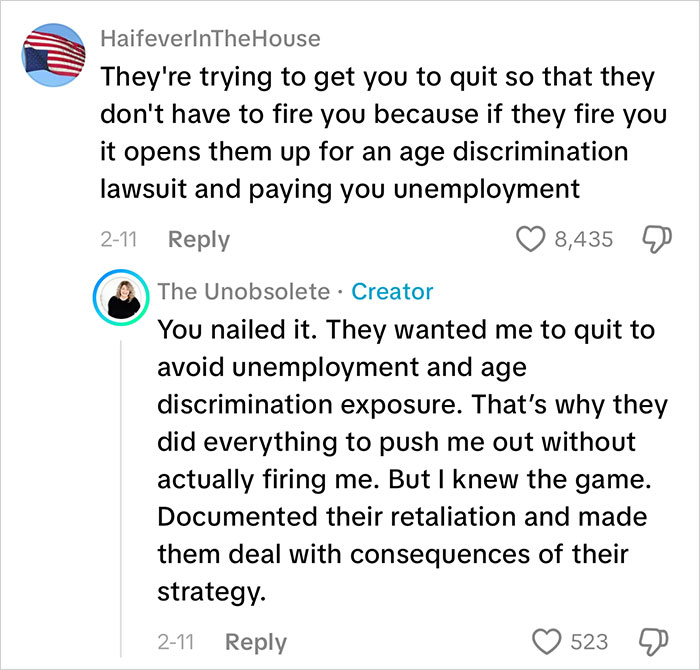 Screenshot of a TikTok comment and reply about employee refusing to train new staff and resisting unfair firing tactics. Screenshot of a TikTok comment and reply about employee refusing to train new staff and resisting unfair firing tactics.