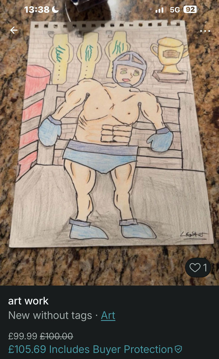 Hand-drawn boxing character artwork showing muscular figure with gloves in a ring, illustrating hilarious Vinted listings.