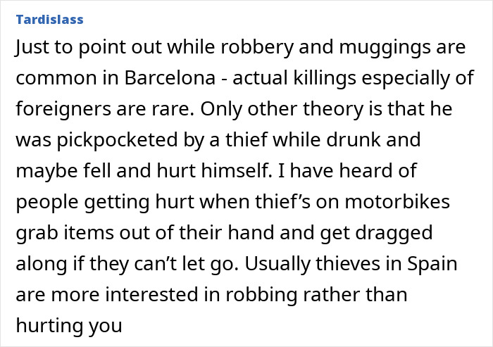 Comment discussing robbery and muggings in Barcelona related to suspicious footage in the vanishing of American student in Spain