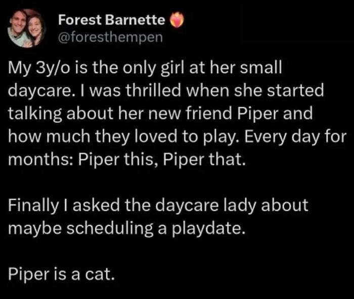 Screenshot of a funny and relatable meme about a toddler's imaginary friend Piper who turns out to be a cat.