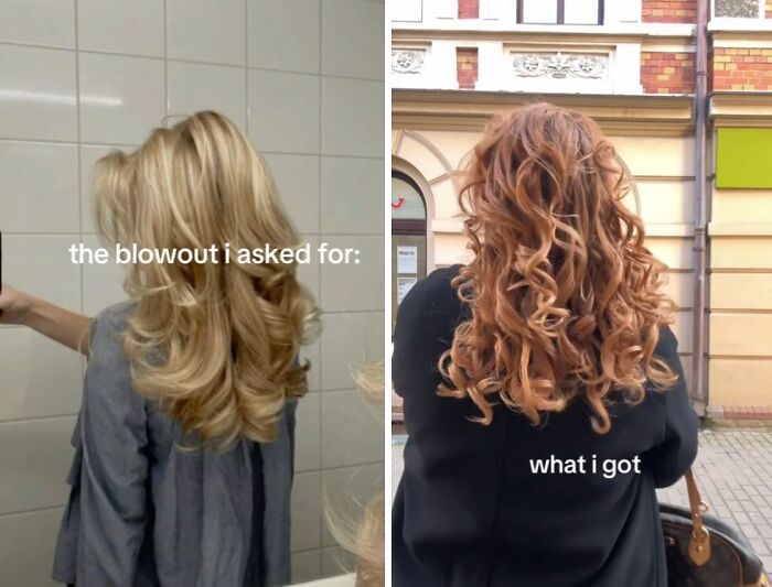 Blonde woman with smooth blowout hairstyle versus woman with frizzy, uneven curls showing hairdresser hair trauma results.