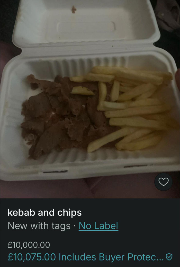 Takeaway kebab and chips in a to-go container humorously listed for sale on Vinted, highlighting unusual listings.