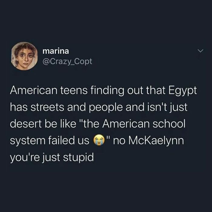 A funny and relatable meme about American teens surprised Egypt has streets and people, highlighting ridiculous and random humor.