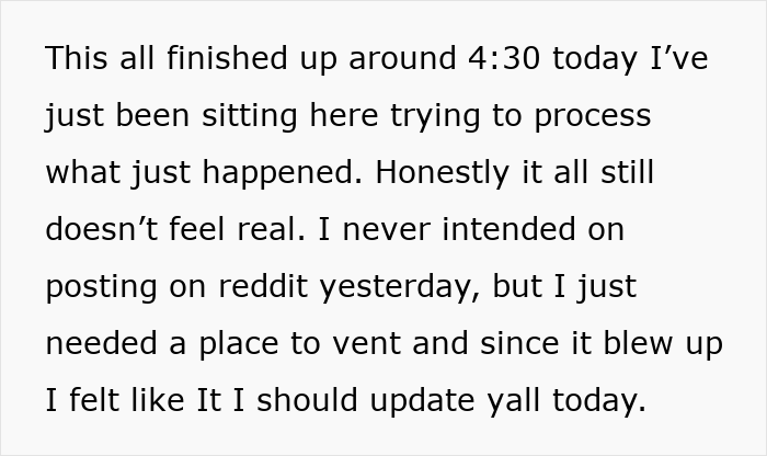 Text message on a screen about processing events after letting GF use apartment to meet old friend, who was actually her ex.
