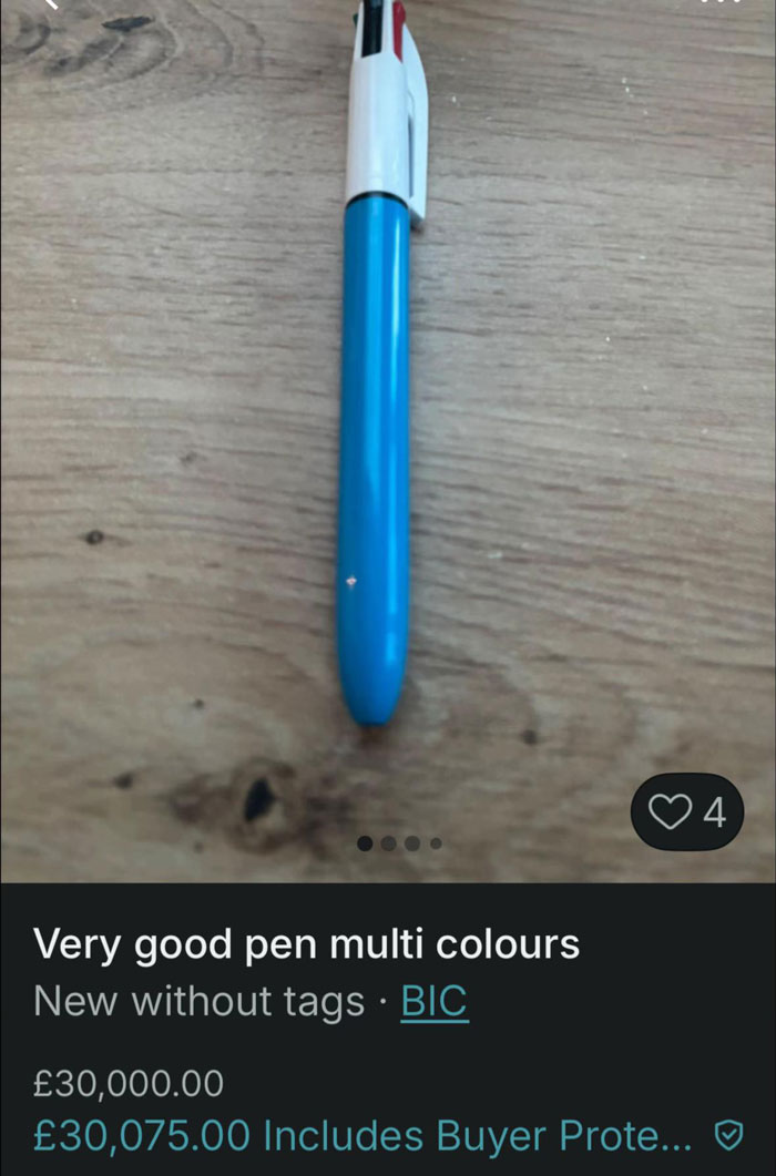 Blue multi colour pen listed on Vinted for an unusually high price, showcasing hilarious and rule-breaking listings.